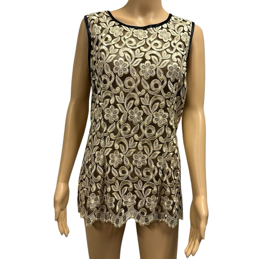 Floral Lace Sleeveless Top - Gold and Black
